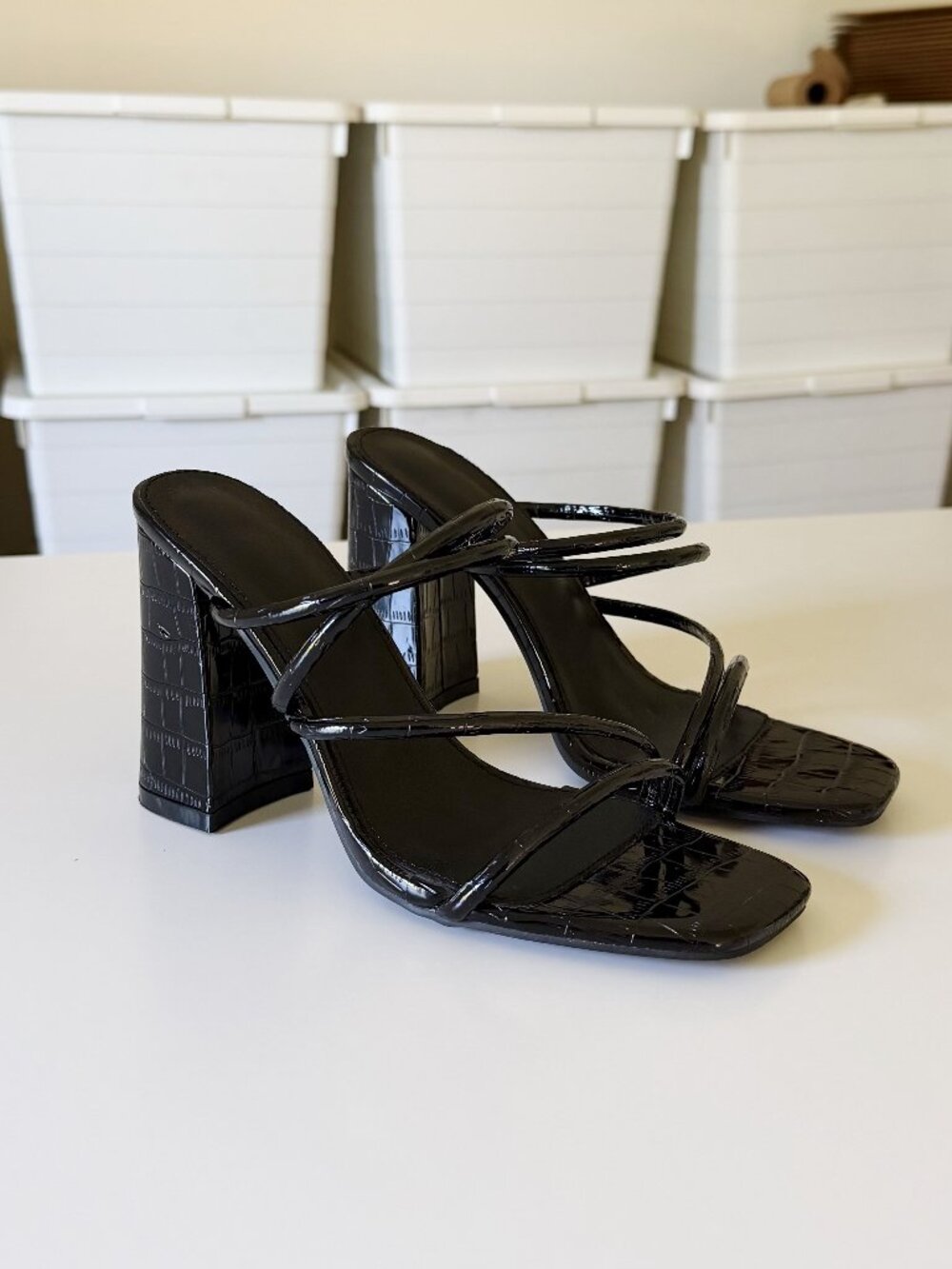 SheIn Croc Embossed Faux Leather Strappy Heeled Mules Size 37 Black